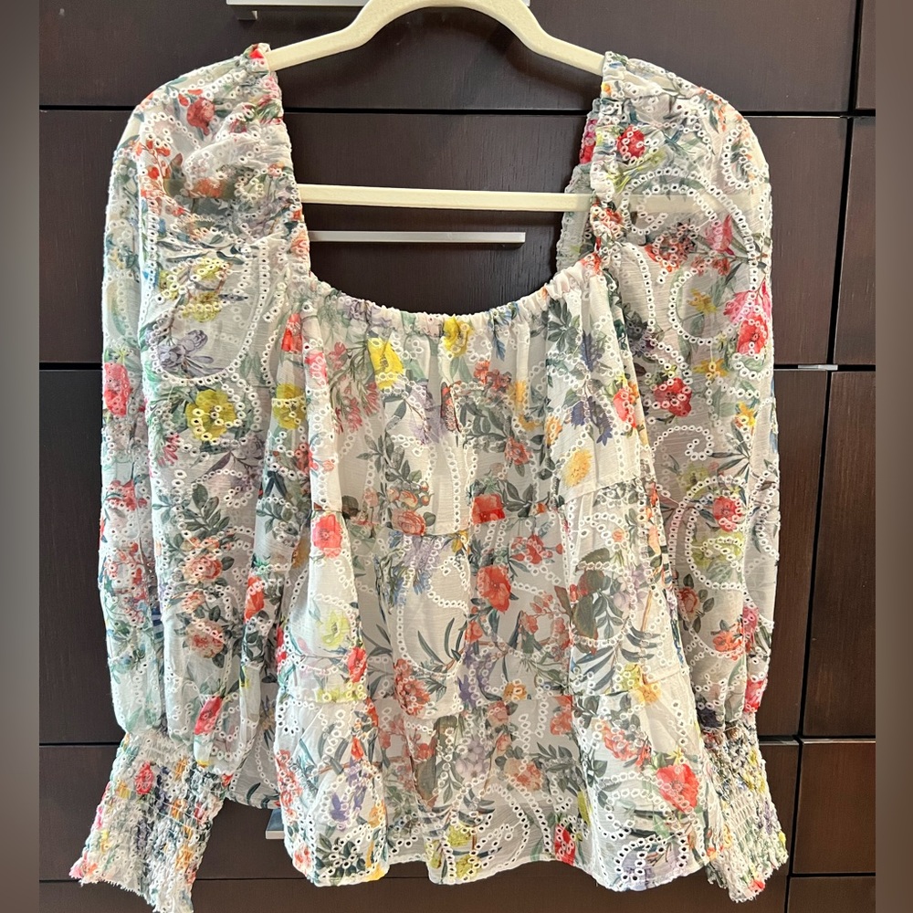 Alice + Olivia | Rowa Smocked Eyelet Floral & Butterfly Blouse, Size XS